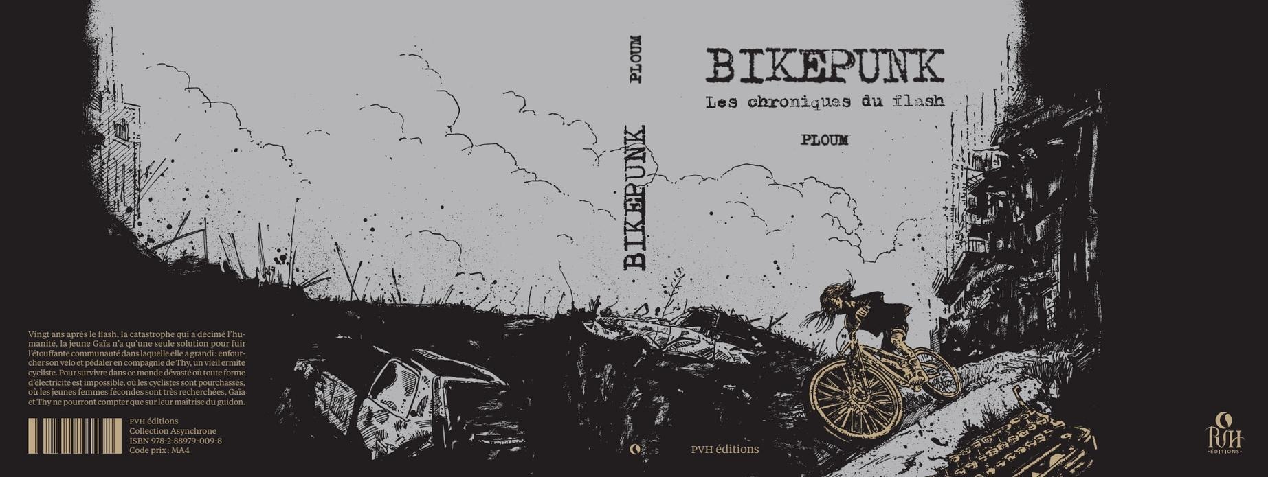 Couverture du livre Bikepunk: une cycliste en papier recyclé dévale les pentes d’une ville dévastée et entièrement argentée